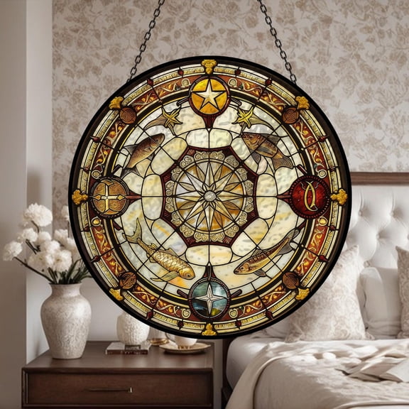 Zodiac Theme Glass Suncatcher, Astrological Elements Window Garden Decoration Gold Starry Sky, 3.5 in