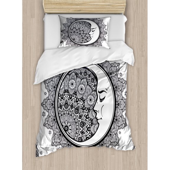 Zodiac Twin Size Duvet Cover Set, Intricate Boho Ethnic Mandala Form with Crescent Moon Foreground Alchemy Symbol, Decorative 2 Piece Bedding Set with 1 Pillow Sham, Dark Blue White, by Ambesonne