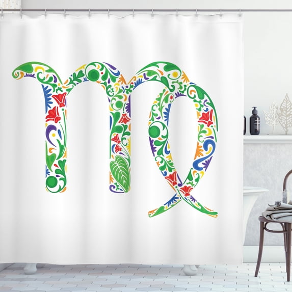 Zodiac Virgo Shower Curtain, Floral Symbol with Blossoms and Green Leaves Artistic and Colorful Ornaments, Fabric Bathroom Set with Hooks, 69W X 70L Inches, Multicolor, by Ambesonne