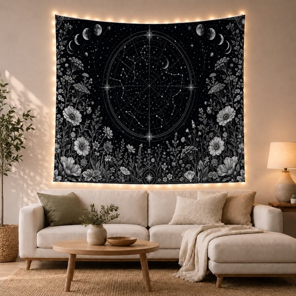 Floral Moon and Celestial Pattern Tapestry