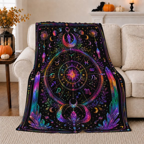 Zodiac Wheel with Crystals and Moons, Mystical Astrology Style for Zodiac Lovers, Rainbow Star Chart and Birthday Gift, Soft Flannel Blanket for Bedroom and Meditation Room, Celestial Home Decor