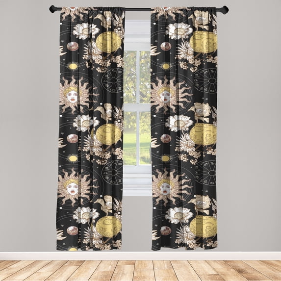 Zodiac Window Curtains, Vintage Vibe Illustrated Sun and Moon Sketch Pattern With Floras on Darkened Back, Lightweight Decor 2-Panel Set with Rod Pocket, Pair of - 28"x63", Ivory Mustard, by Ambesonne