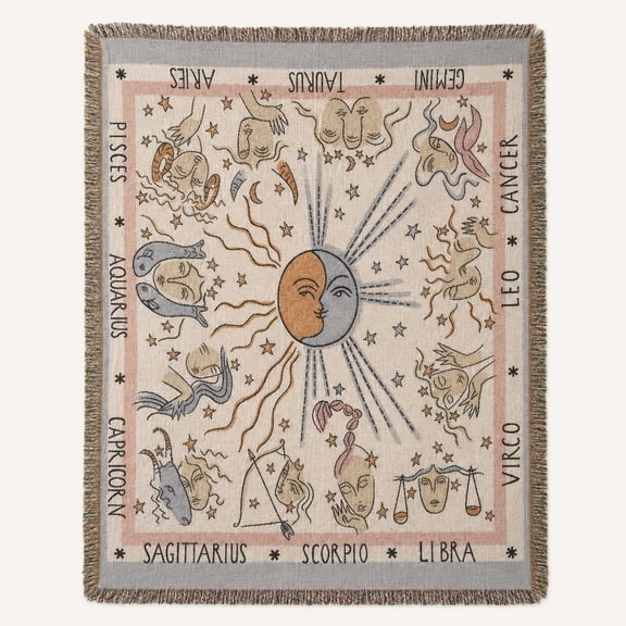 Zodiac Woven Cotton Throw Blanket with Fringe, Celestial Sun Astrology Design