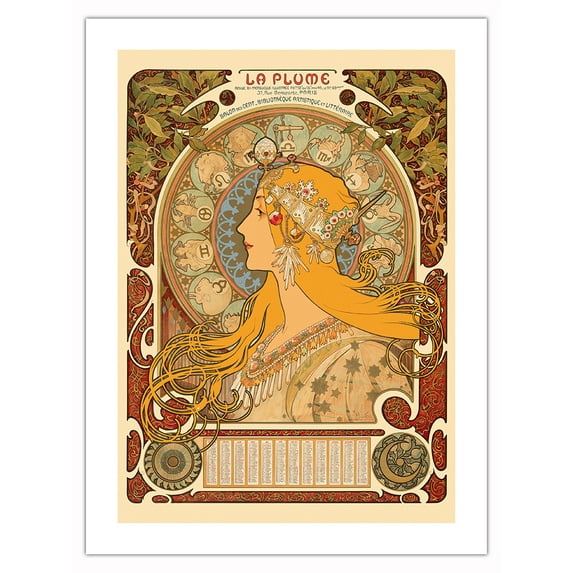 Zodiac (Zodiaque) Calendar - La Plume Magazine - Vintage France Advertising Poster by Alphonse Mucha c.1896 - Bamboo Fine Art 290gsm Paper Print (Unframed) 18x24in