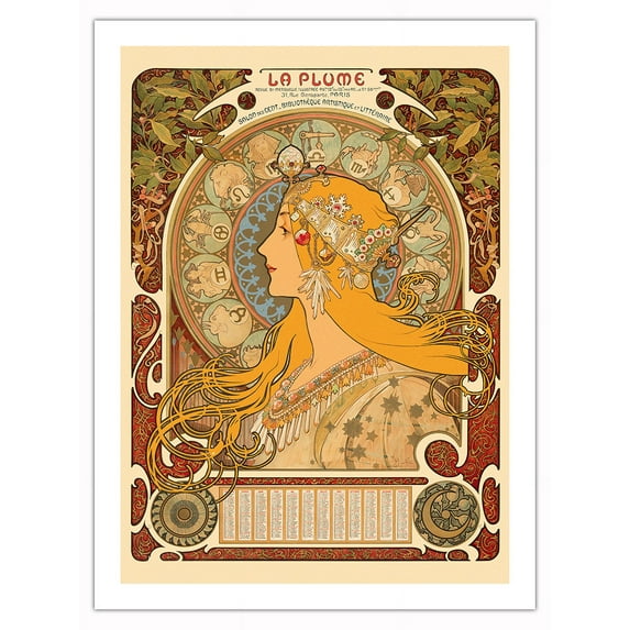 Zodiac (Zodiaque) Calendar - La Plume Magazine - Vintage France Advertising Poster by Alphonse Mucha c.1896 - Bamboo Fine Art 290gsm Paper Print (Unframed) 24x32in
