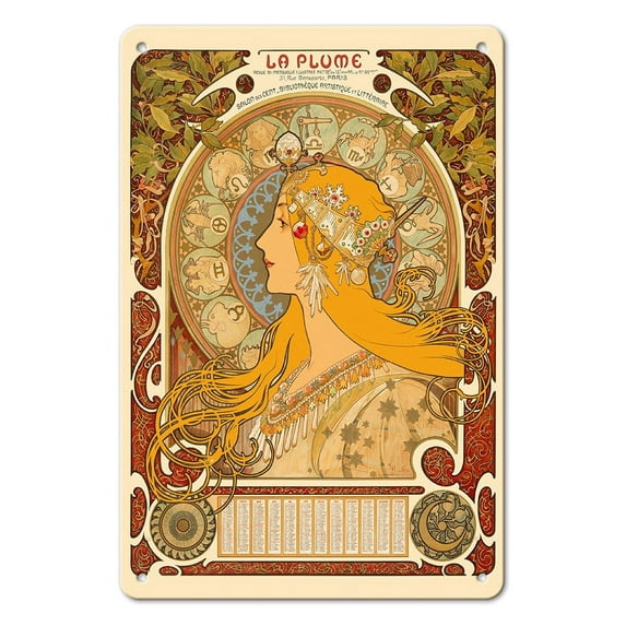 Zodiac (Zodiaque) Calendar - La Plume Magazine - Vintage France Advertising Poster by Alphonse Mucha c.1896 - 8 x 12 inch Vintage Metal Tin Sign