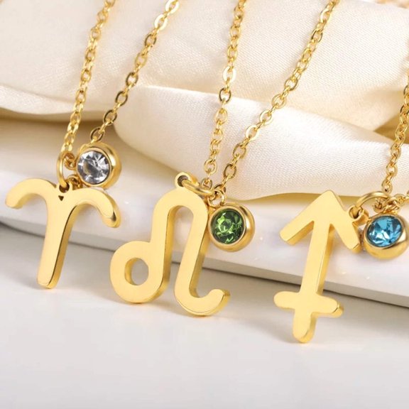 Zodiac sign necklace with birthstone - 18k Gold plated