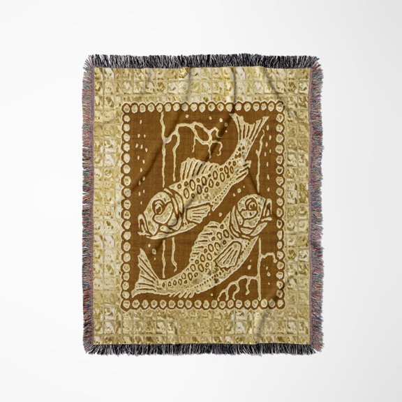 Zodiacal Constellation Pisces, Gold And Brown Design, Woven Blanket