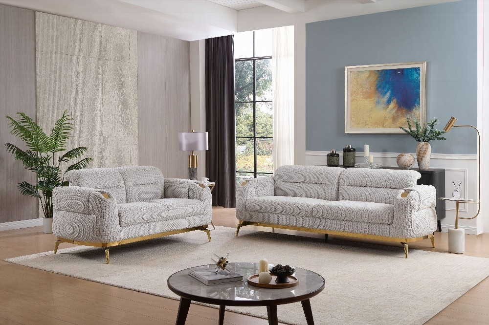 Modern Gray 2PC Living Room Set (Sofa + Loveseat) with Wood & Gold ...