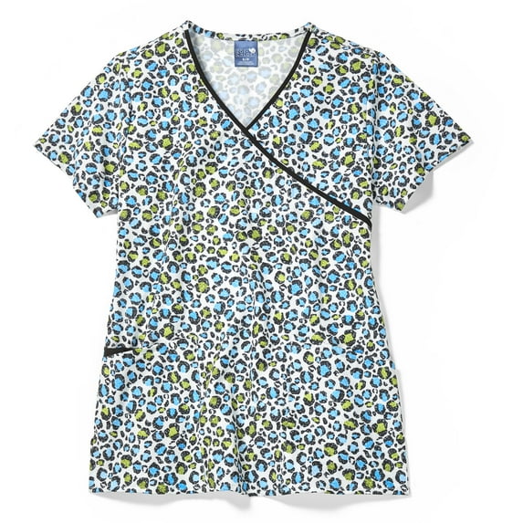 Zoe+Chloe Contrast Mock Wrap Print Scrub Top, Cheetah Bling, 3X