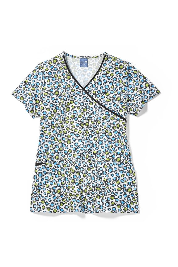 Contrast Mock Wrap Print Scrub Top, Cheetah Bling, S