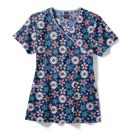 Zoe+Chloe Contrast Mock Wrap Print Scrub Top, Flower Paw-er, M