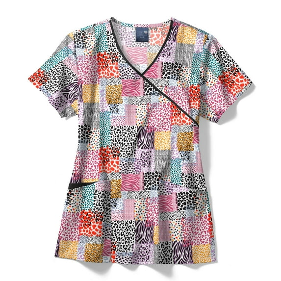 Zoe+Chloe Contrast Mock Wrap Print Scrub Top, Pattern Patch, 3X