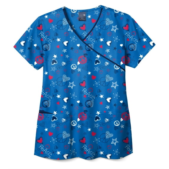 Zoe+Chloe Contrast Mock Wrap Print Scrub Top, Peace Love Liberty, M Womens