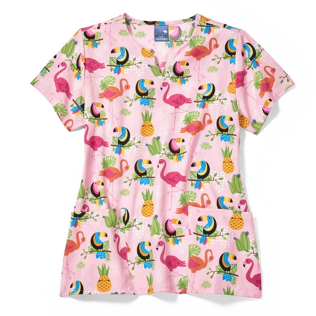 Zoe+Chloe Performance Notch Neck Print Scrub Top, Flamingo Stop, 2X