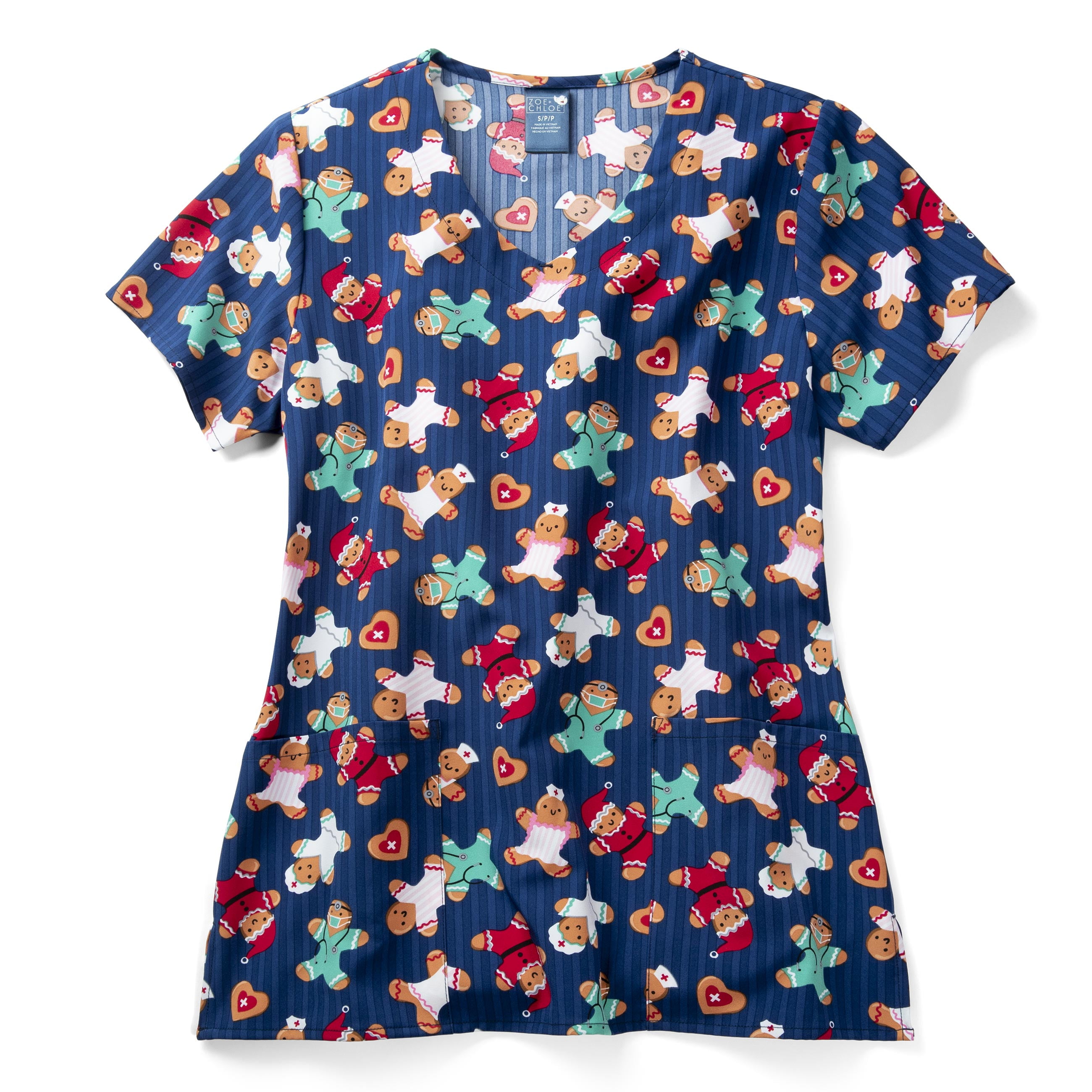 Zoe+Chloe Performance V-Neck Print Scrub Top, Candy Stripers Navy, S ...