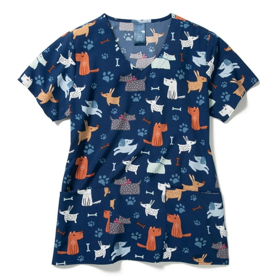Zoe+Chloe Performance V-Neck Print Scrub Top, Dapper Dog, 2X