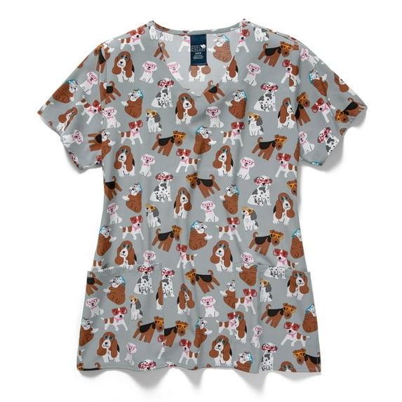 Zoe+Chloe Performance Women V Neck Print Scrub Top, Eyes On The Prize, XS Womens