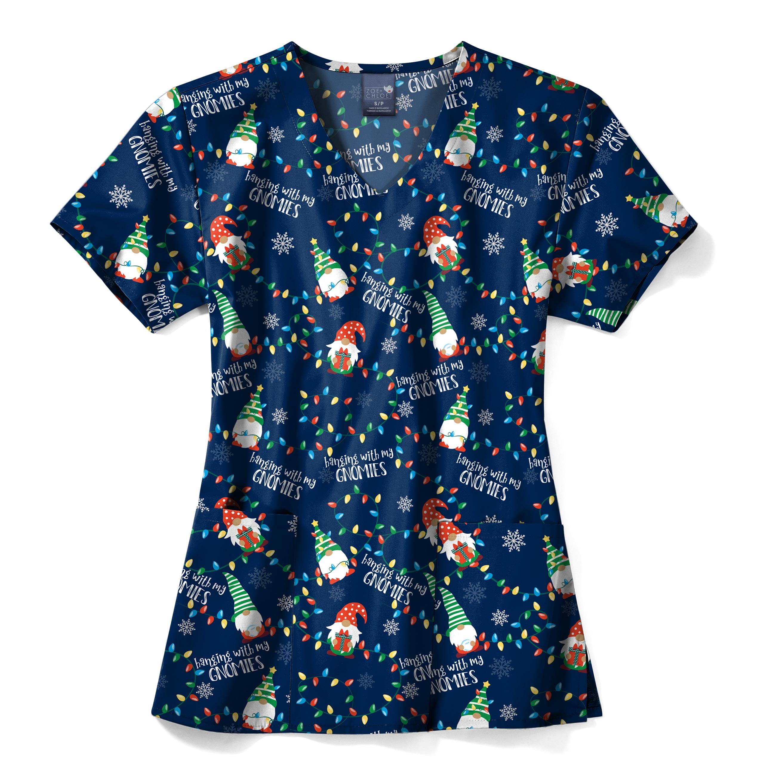 Zoe+Chloe Performance V-Neck Print Scrub Top, Gnome Alone, XS Womens ...