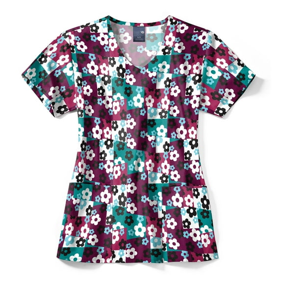 Zoe+Chloe Performance V-Neck Print Scrub Top, Skater Check Wine, M