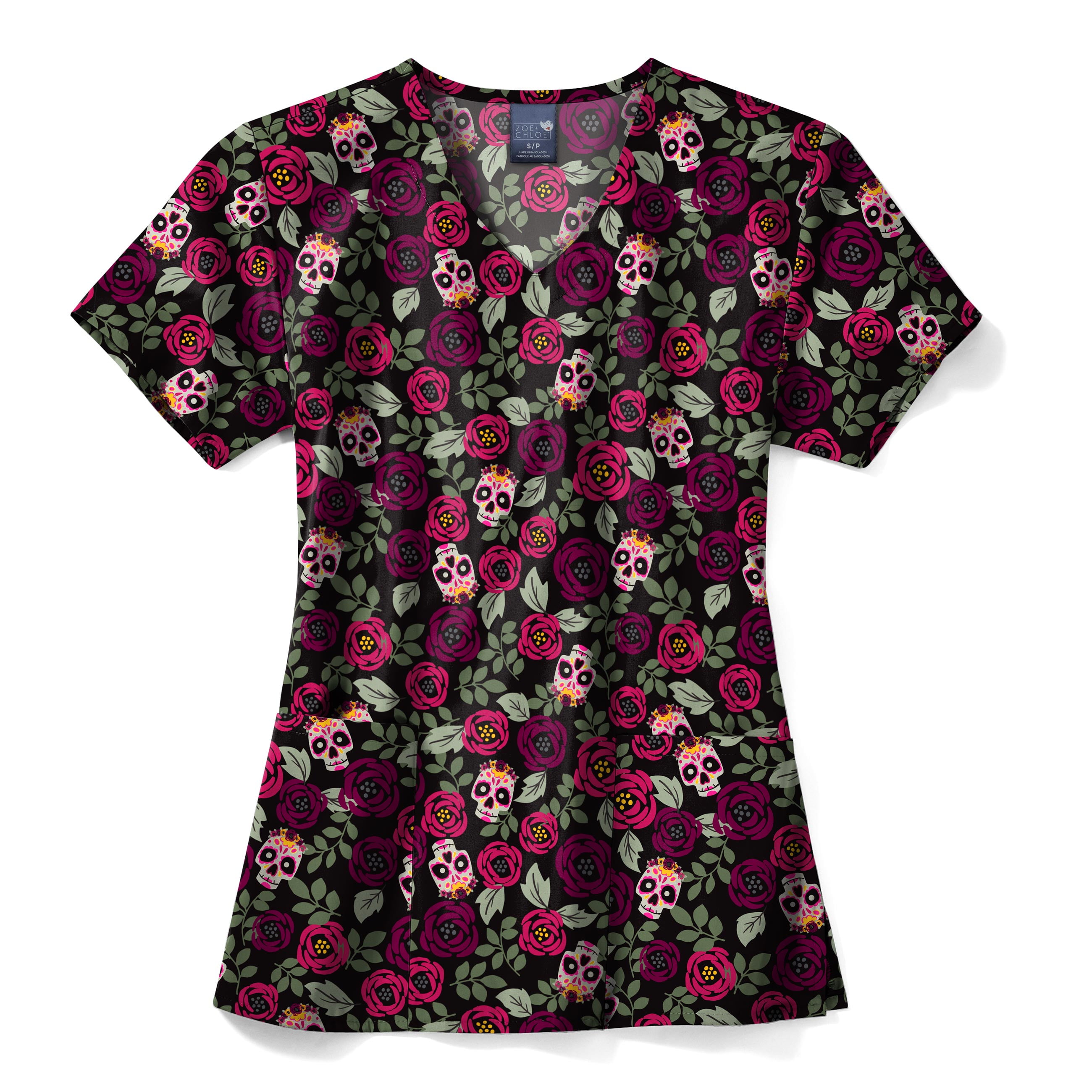 Zoe+Chloe Performance V-Neck Print Scrub Top, Sugar Skull Roses, M ...