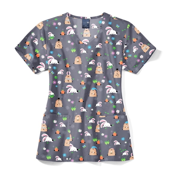 Zoe+Chloe Printed V-Neck Scrub Top, Hello Spring, L