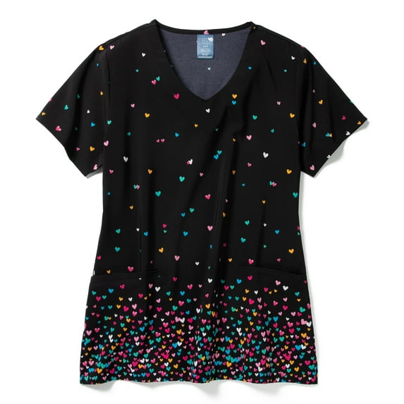 Zoe+Chloe V-Neck Border Print Scrub Top, Confetti Hearts, 2X