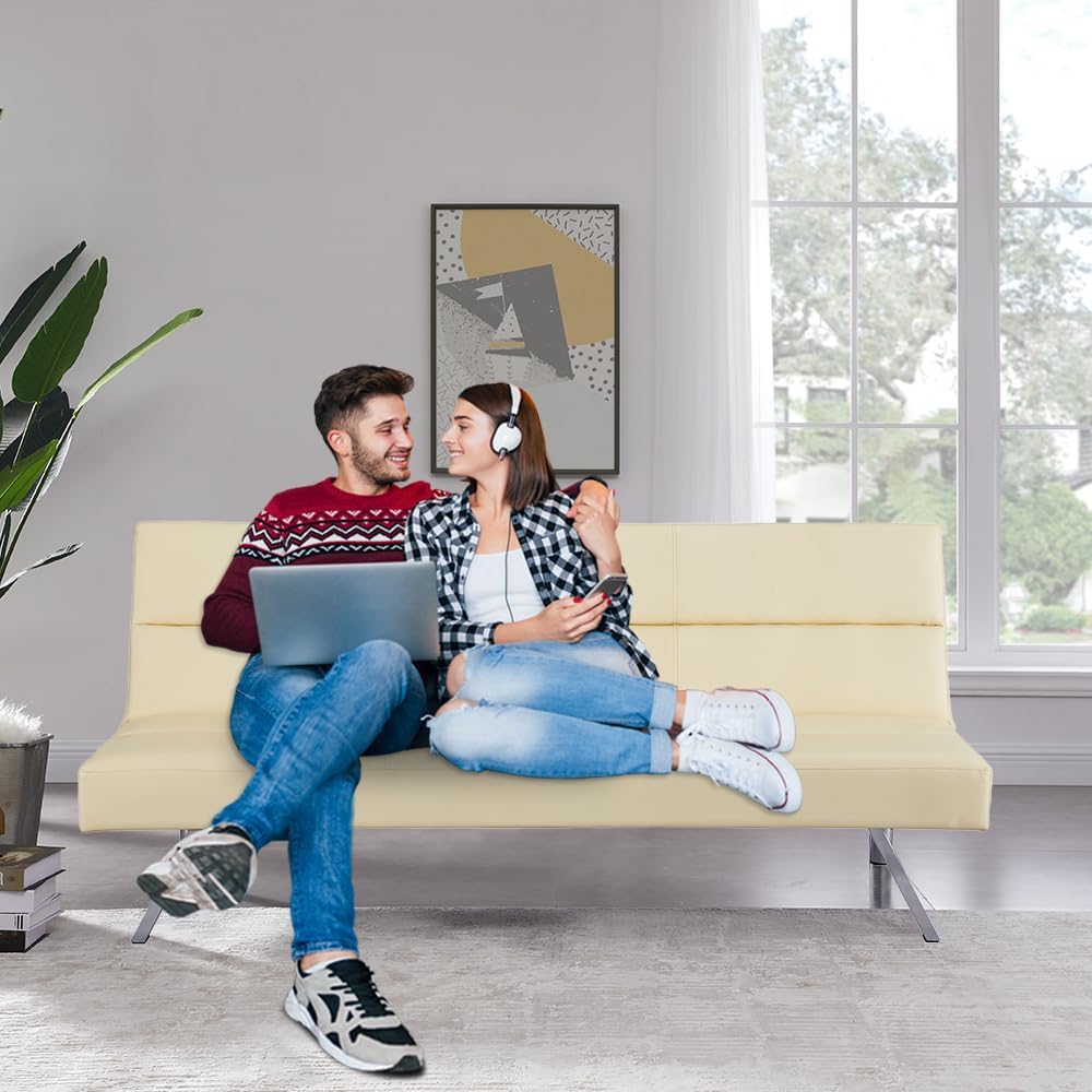 Zoe Futon Sofa Bed, Faux Leather Couch, Modern Convertible Folding Sofa