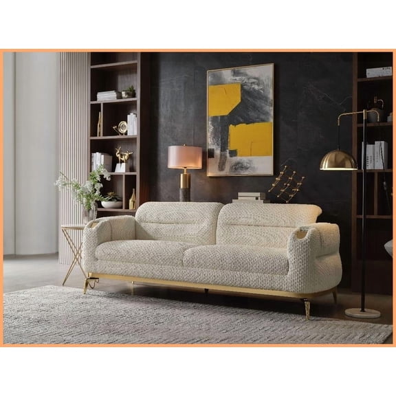 Zoe Modern Cream Cut Chenille Sofa with Gold Accents & Wood Frame  Ideal for Living Rooms