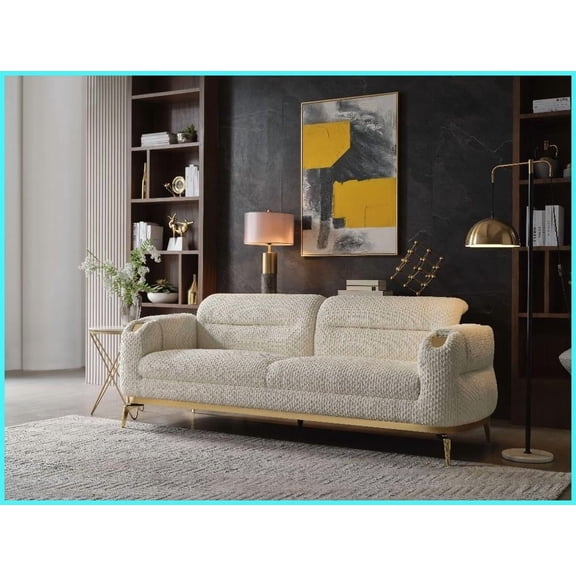 Zoe Modern Plush Chenille Sofa with Gold Accents - Cream Wood Frame for Living Rooms