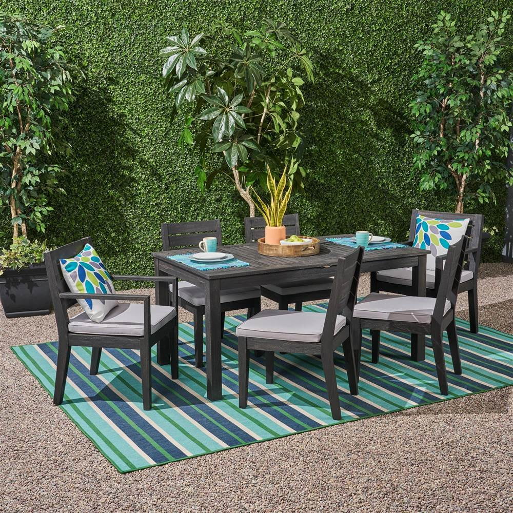 Zoe Outdoor 7 Piece Acacia Wood Expandable Dining Set with Cushions Sandblast Dark Gray Light Gray