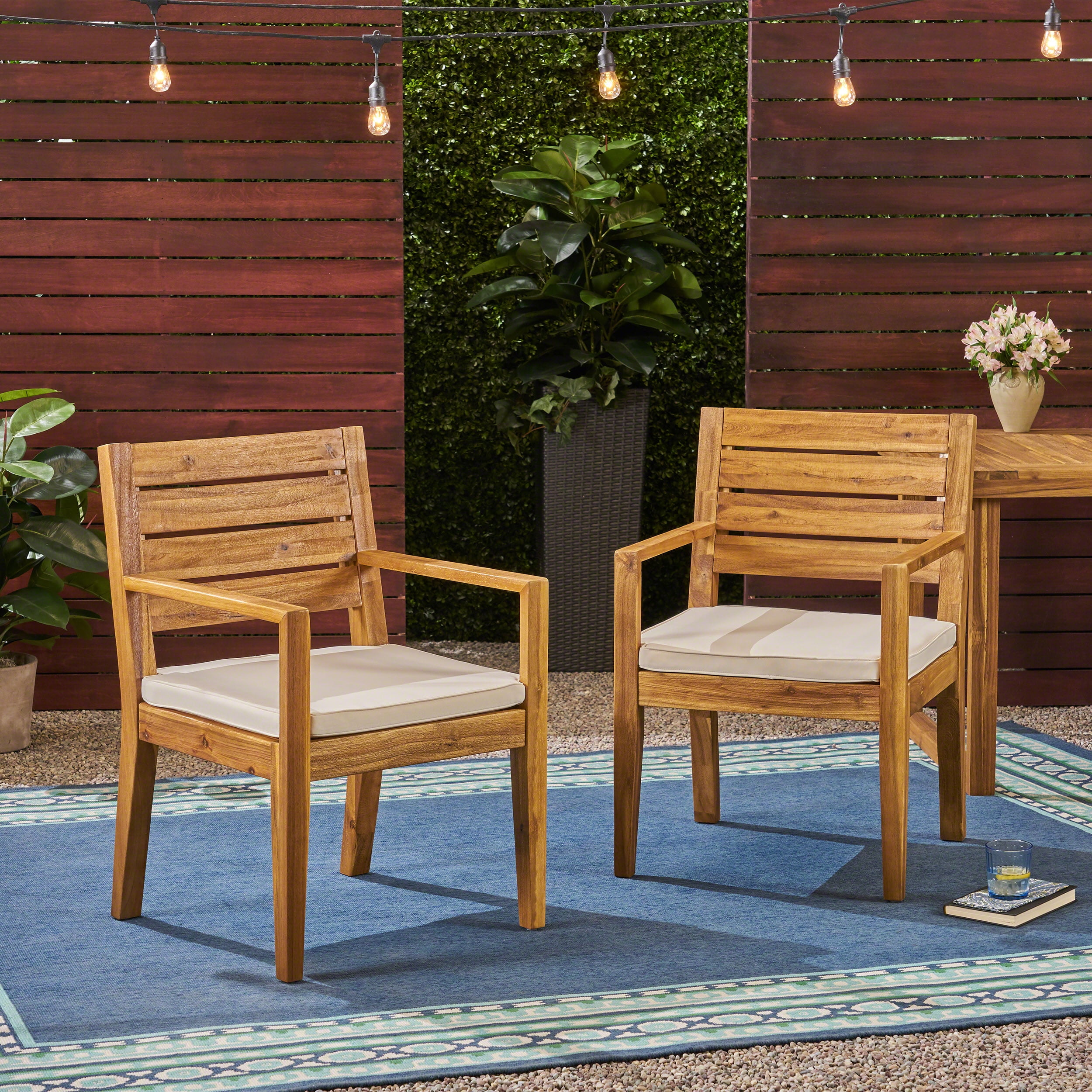 Zoe Outdoor Acacia Wood Dining Chairs with Cushions, Set of 2