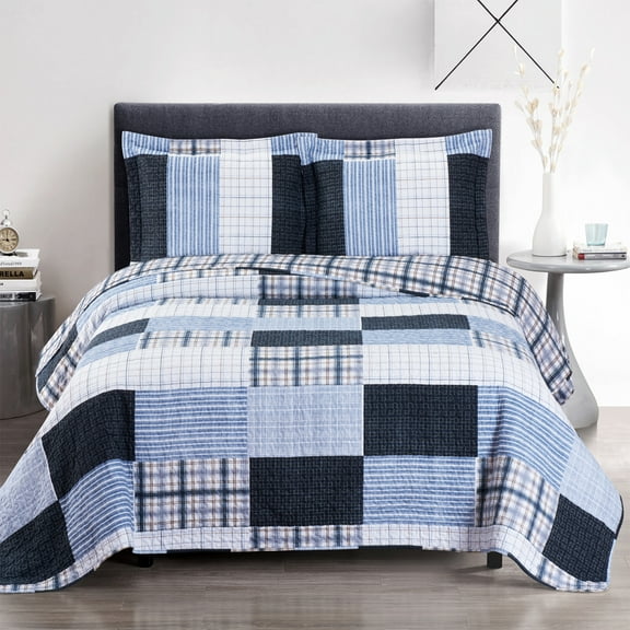 Zoe Oversize Reversible Coverlet Printed Patchwork Bed Quilt Set Wrinkle-Free & Easy Care Set : Full/Queen