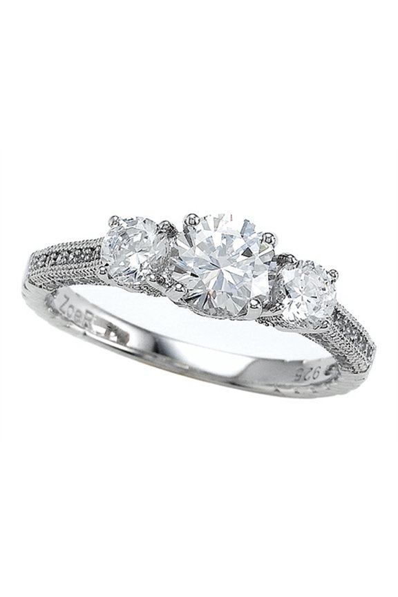 � 925 Sterling Silver Micro Pave Hand Set Cubic Zirconia (CZ) 3 Stone Engagement Ring