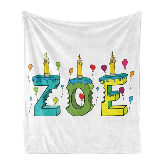 Zoe Soft Flannel Fleece Throw Blanket, Colorful Social Gathering Themed Girl Name Design with Birthday Candles Pattern, Cozy Plush for Indoor and Outdoor Use, 50" x 70", Multicolor, by Ambesonne