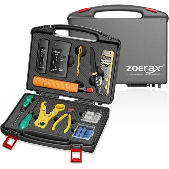 ZoeRax 11-in-1 Professional RJ45 Network Tool Kit Includes Pass-Through Crimper, RJ45 Tester, Punch Down Tool, Stripper, Cutter, and Cat6 Connectors