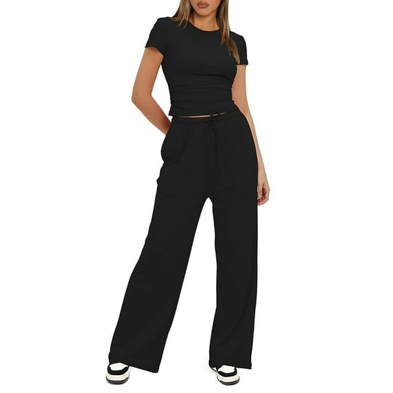 Zoeecloth Womens 2 Piece Solid Color Outfit Summer Soft Short Sleeve T-Shirt Tops for Female Jogger Sweat Pants S-XXXL