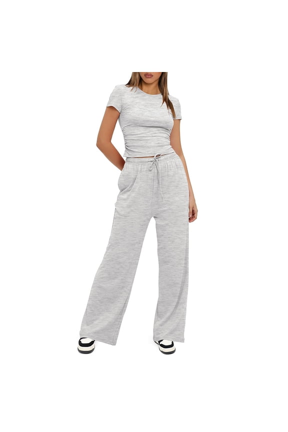 2Pcs T-shirt Top Leg Pant Suits for Women 2 Piece Solid Outfits Short Sleeve Top High Waist Long Pants with Pockets S-XXXL