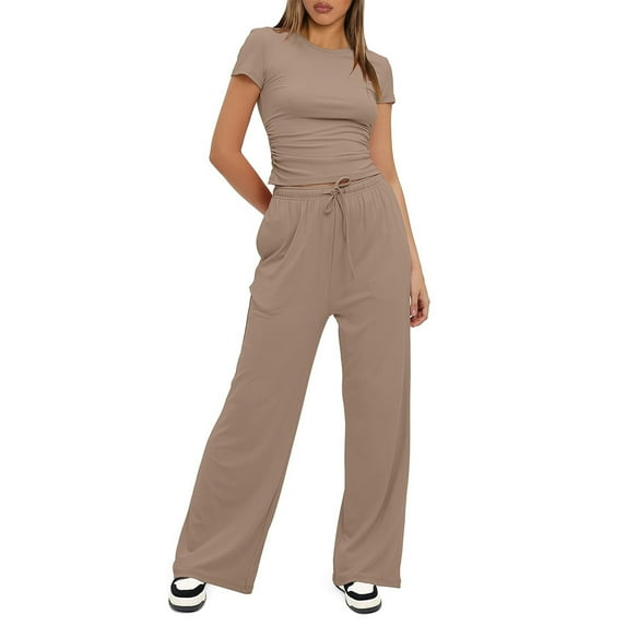 Zoeecloth 2Pcs T-shirt Top Leg Pant Suits for Women 2 Piece Solid Outfits Short Sleeve Top High Waist Long Pants with Pockets S-XXXL