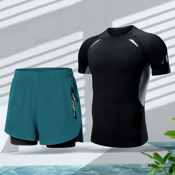 Zoeecloth Mens Quick Dry Swimsuits Outfits Short Sleeve Bathing Swimwear Swim Trunks Two-Piece Set Solid Color Loose Swimwear 2-Piece M-4XL