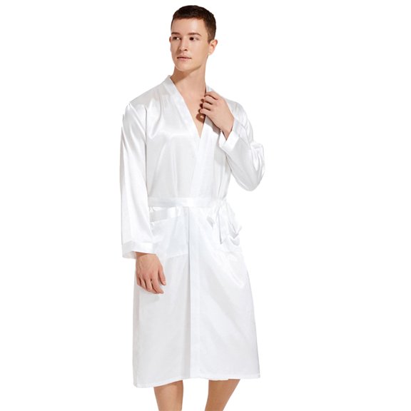 Zoeecloth Spring Fall Satin Robe for Men's Silky Kimono Bathrobe Jammies Lightweight Sleepwear Men Soft Long Cardigan Night-Robe S- XXL