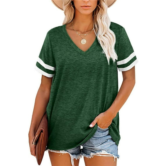Zoeecloth Summer V-Neck T-Shirt for Women Loose Casual Shirt Solid Color Short-Sleeved Tops S-XXL