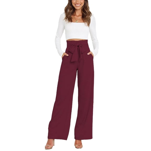 Zoeecloth Women Bow Casual Wide Leg Pants Button down Straight Long Trousers Pants Elastic High Waist Dress Pants for Women S-XXL