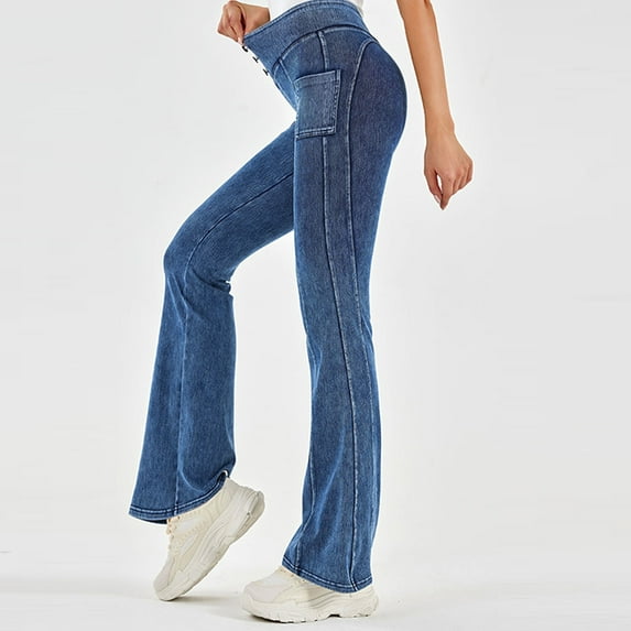 Zoeecloth Women High Denim Pants Waisted Ripped Flare Jeans Pants Button Bell Bottom Pants Denim Wide Leg Pants Lift Hip Sports Casual Jeans S-XXL