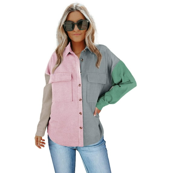 Zoeecloth Women Shirts Tops V Neck Long Sleeve Block Splicing Casual Shirts Loose Basic Tunic Shirts S-XXL