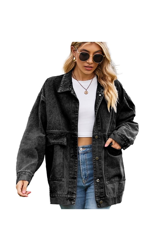 Women's Denim Jean Jacket/Long Denim Jacket Women/Oversize Denim Jacket,Long Sleeve Boyfriend Denim Jacket Coat/Denim Jacket for Women Plus Size S-XXL