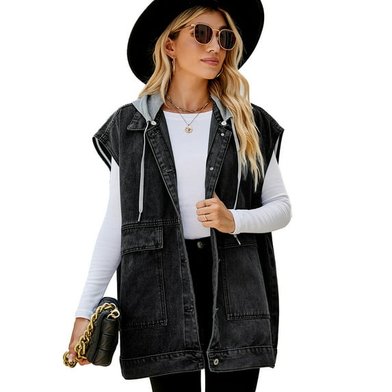 Zoeecloth Women's Denim Jean Vest Hooded Sleeveless Outwear Button Down Denim Jean Vest Waistcoat Jacket S-XL
