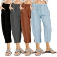thumbnail image 1 of Zoeecloth Women's Linen Cropped Wide Leg Pants Elastic Waist Casual Palazzo Casual Pants Elastic Trousers with Pockets S-3XL, 1 of 9