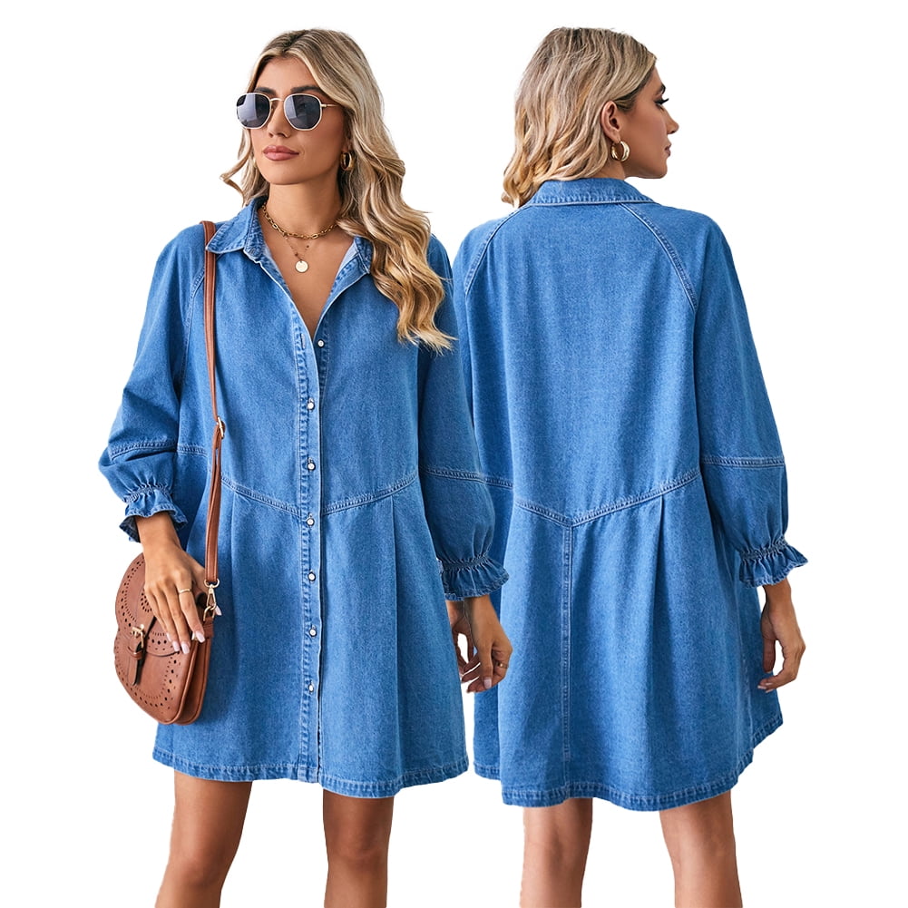 Zoeecloth Women's Midi Denim Dress Loose Denim Shirt Dresses Long Sleeve Jean Dress Button Down Casual Dress S-xl