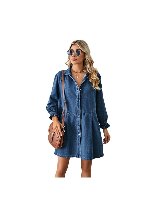 Women's Midi Denim Dress Loose Denim Shirt Dresses Long Sleeve Jean Dress Button Down Casual Dress S-XL
